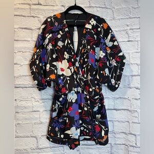 Parker Blue and Red Asymmetrical Puff Sleeve Jumpsuit